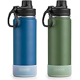 koodee 2 Pack Water Bottle 22 oz Stainless Steel Double Wall Vacuum Insulated Sports Water Bottle with Leakproof Spout Lid, BPA Free (Navy-Grass Green)