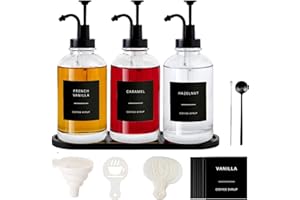 MUVEKA Coffee Syrup Dispenser for Coffee Bar, Glass Syrup Dispenser with Pump, Coffee Syrup Pump Dispenser Bottle with Tray, Spoon for Coffee Station, Coffee Bar Organizer, Black,16.9 oz, 500 ml