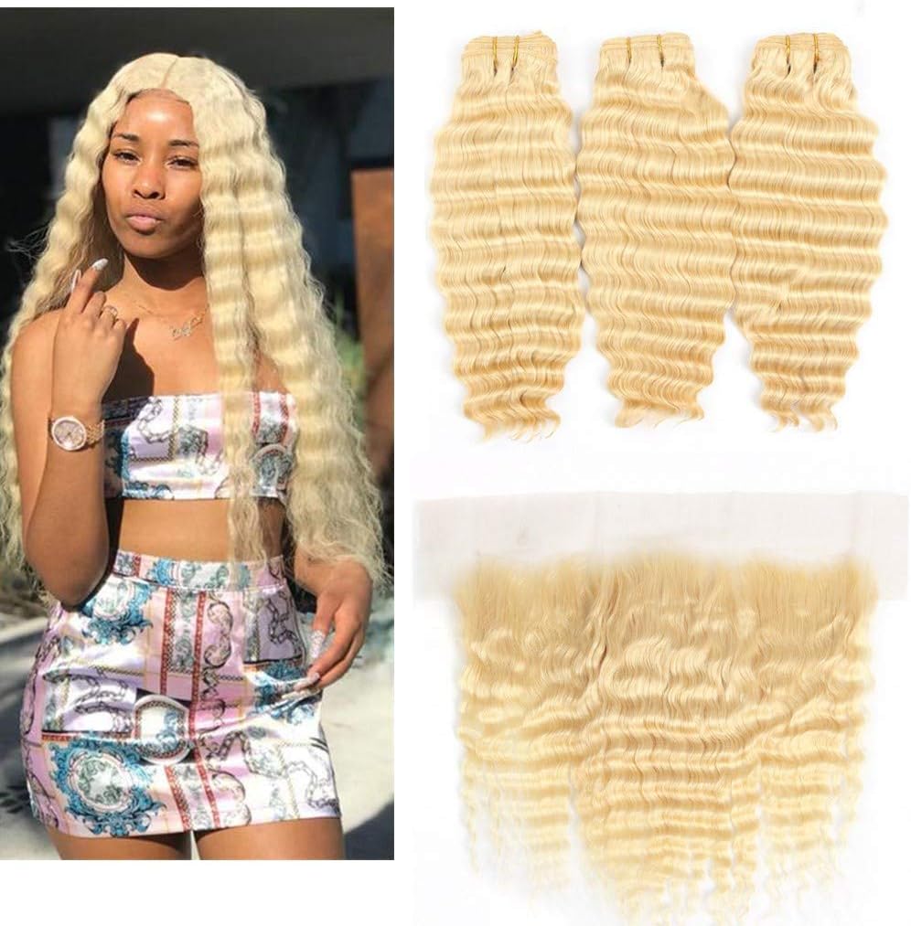 Queen Plus Har Deep 613 Blonde 3 Bundles with Lace Frontal Closure 13x4 Ear To Ear with Baby Hair Brazilian Deep Wave 613 Blonde with Frontal (16 16 16 with 14)