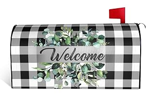DZGLOBAL Welcome Spring Mailbox Cover Magnetic Summer Sage Green Eucalyptus Leaf Wreath Mailbox Post Cover Black White Buffalo Plaid Seasonal Mailbox Wraps 18 X 21