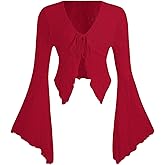Verdusa Women's Lace Tops Tie Front Bell Long Sleeve Sheer Blouse Crop Tops