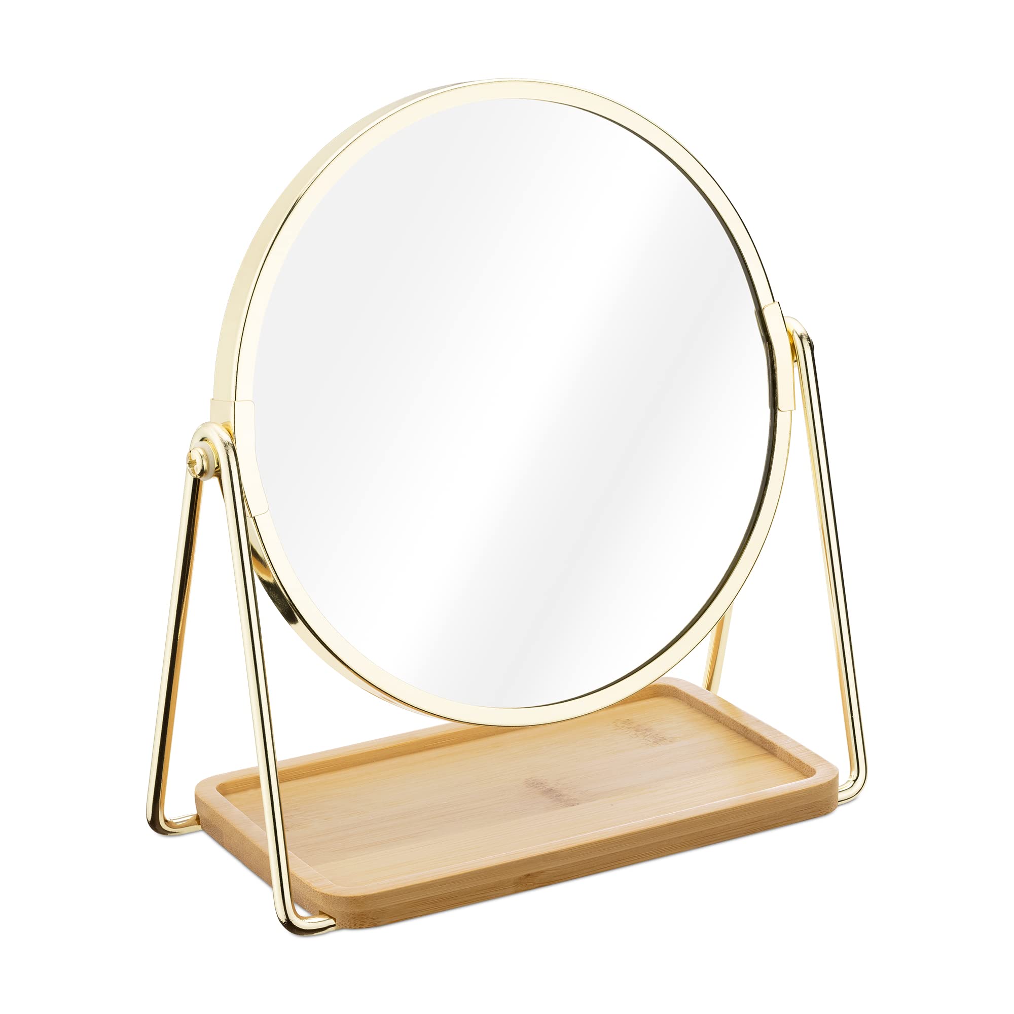 Navaris Tabletop Mirror with Tray - Double-Sided 1x/2x Magnifying Makeup Mirror with Bamboo Base - For Dressing Table, Bathroom, Bedroom - Gold