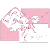 Whaline 24Pcs Pink Bow Thank You Cards with Envelopes and Stickers Watercolor Bow Greeting Cards Pink Blank Note Cards for Wedding Birthday Bachelorette Baby Shower Party Supplies