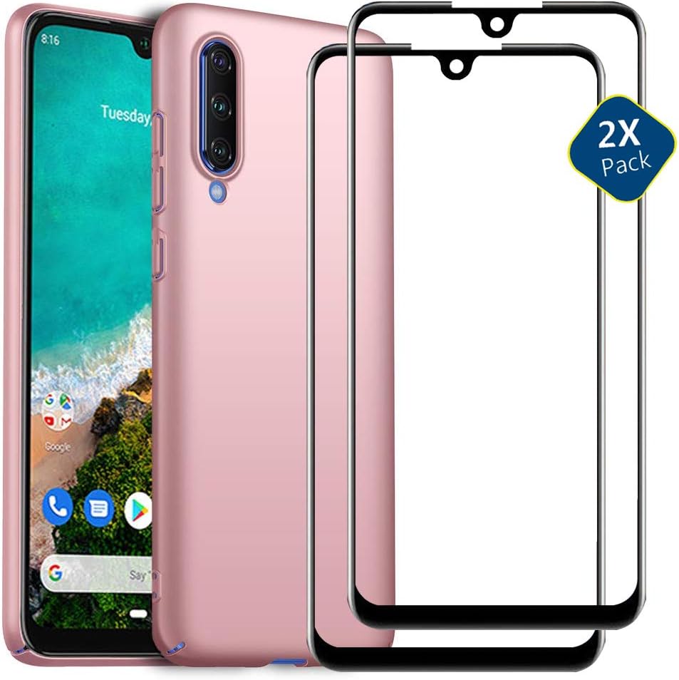 MISKQ Case compatible with Samsung Galaxy A01,+ 2 PACK tempered glass screen protector Anti-fall hard shell trendy protective cover + 9H protective film(Pink)