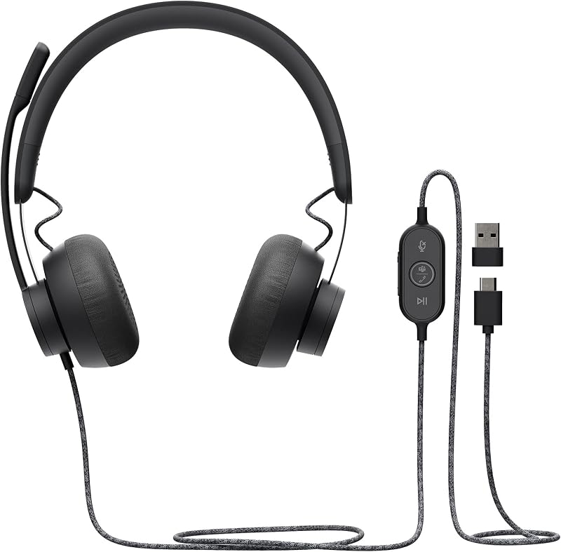 Auscultadores com fio Zone Heard profissionais com microfone de cancelamento de desempenho superior, ligação por fios com conectores USB-A e USB-C, áudio de alta fidelidade, certificado UC-Graphite