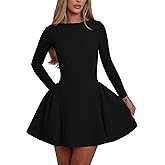 YMDUCH Women's Elegant Long Sleeve Crew Neck Backless A-line Mini Party Prom Dress