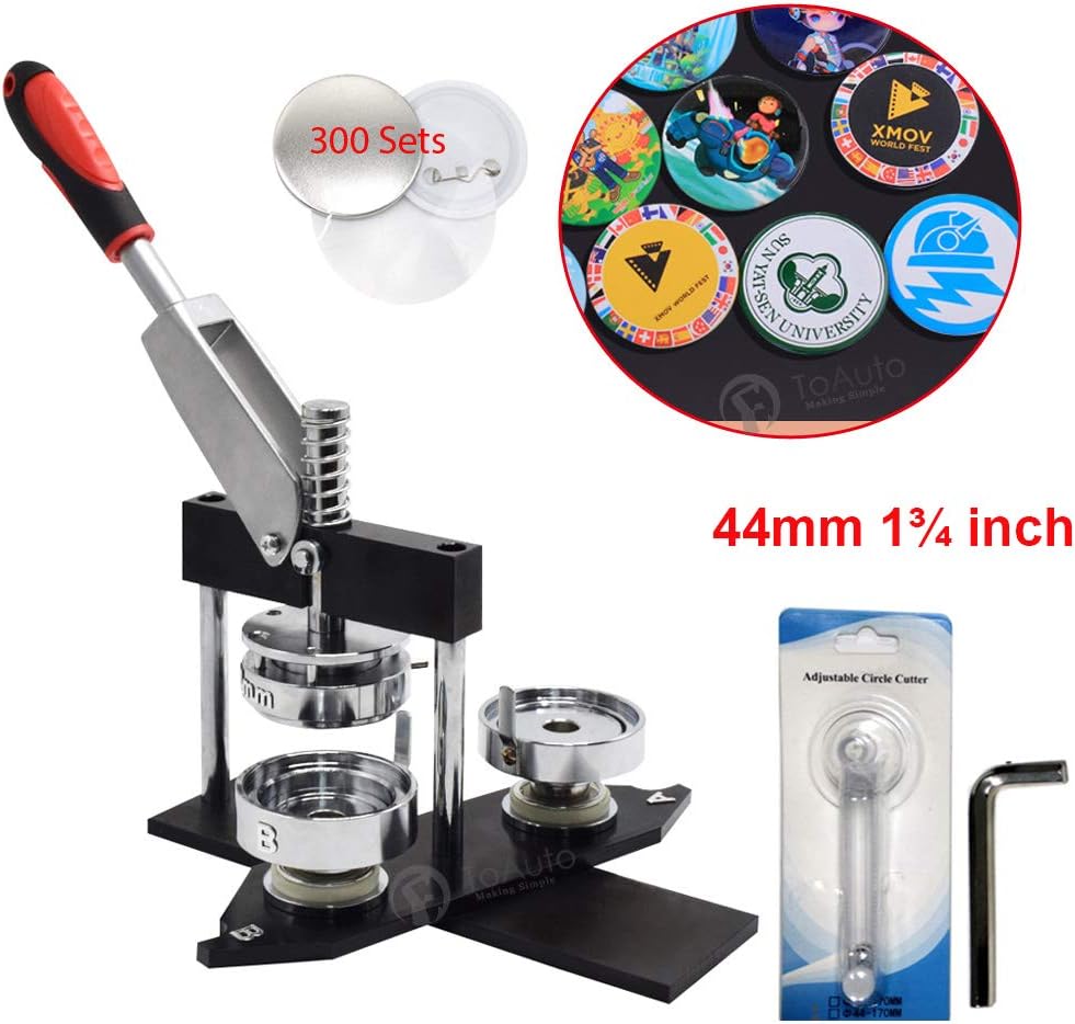 Pins Maker Machine 44mm 1¾ inch Button Badge Maker Pins Punch Press Machine Aluminum Frame 300pcs Free Button Parts + Circle Cutter (44mm 1¾ inch)