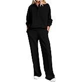 PRETTYGARDEN Women Fall 2 Piece Outfits Sweatsuits Quarter Button Long Sleeve Sweatshirt Wide Leg Pants Tracksuit Lounge Sets