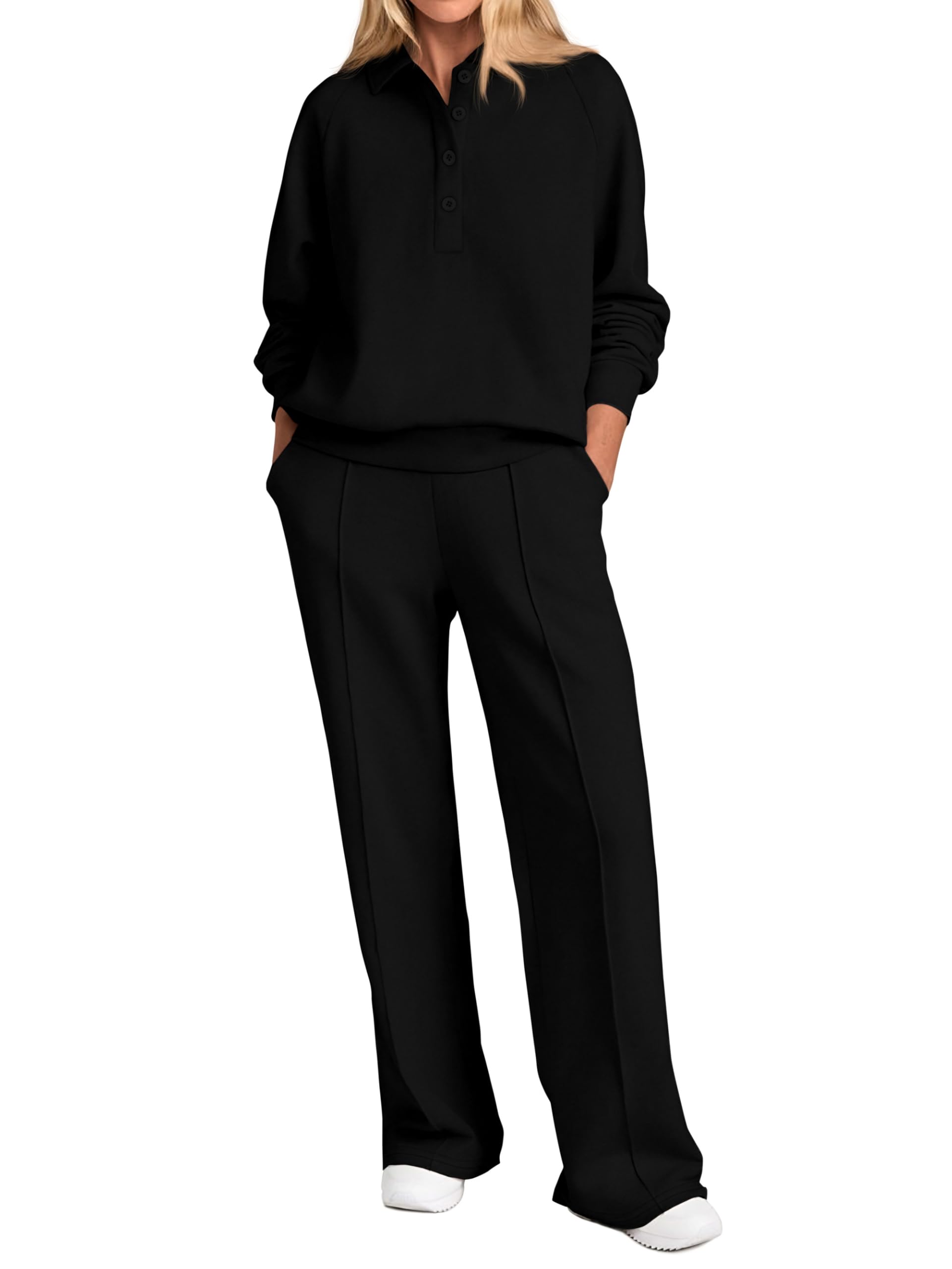 Photo 1 of PRETTYGARDEN Women Fall 2 Piece Outfits Sweatsuits Quarter Button Long Sleeve Sweatshirt Wide Leg Pants Tracksuit Lounge Sets(Black,Medium)