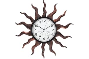 HOBYLUBY 24'' Large Outdoor Clock Silent No-Ticking, Retro Outdoor Wall Clock with Thermometer & Humidity Outside Clock for Patio, Living Room, Kitchen (Brown)