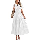 utcoco Women's 2025 Summer Short Sleeve V Neck Maxi Dress Casual Smocked Elastic Waist Flowy Swing Long Dress