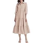 Kedera Womens 3/4 Sleeve Tiered Maxi Dresses Casual Button Down Tie Waist Flowy Shirt Midi Dresses Long Ruffle Sundress