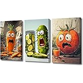 XLMDYYSW Kitchen Wall Art 3 Pieces Funny Pickle Picture Whimsical Vegetable Food Paintings Colorful Weird Aesthetic Canvas Prints Dining Room Decor Framed (12.00" x 16.00" x 3PCS)