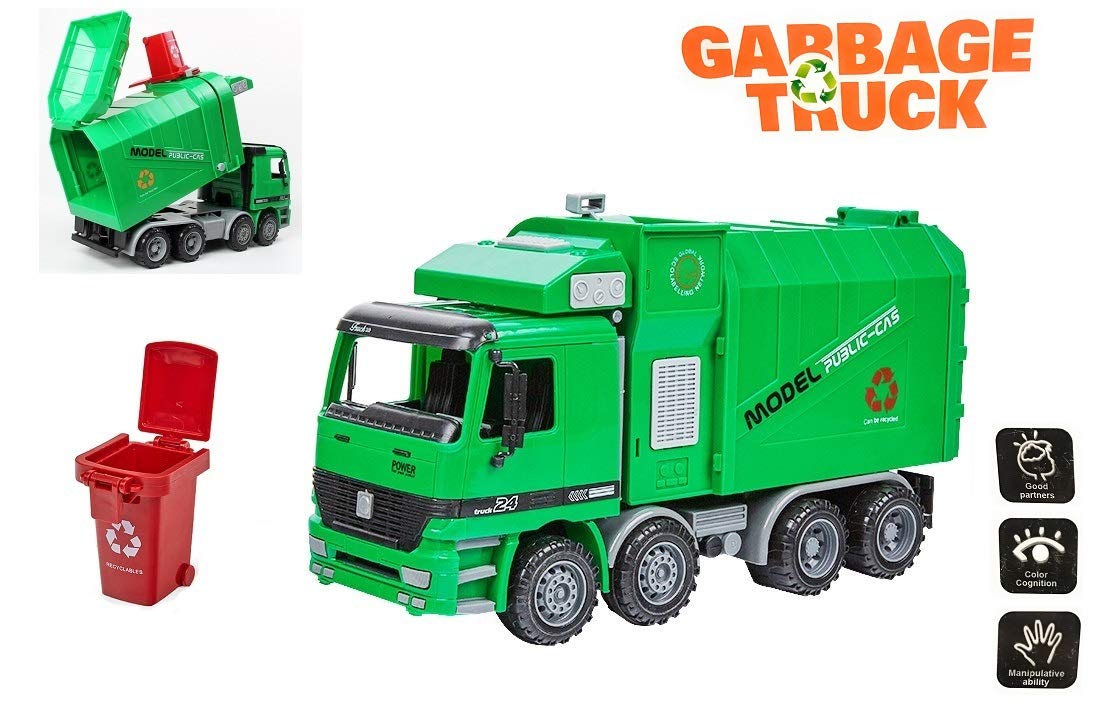 Friction Powered Garbage Truck Sanitation Plastic Truck Toy Model 1:16 Toy Vehicle w/ Trash Can & Side Loading , Green Garbage Truck City Service Vehicle for Kids