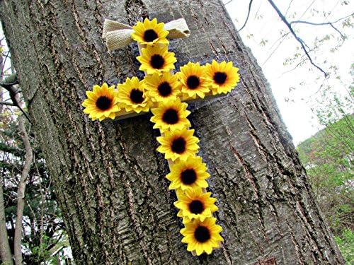 10" Small Sunflower Door Wreath- Summer Floral Indoor Decoration- Wood Cross Wall Decor- Gift Flowers for Delivery