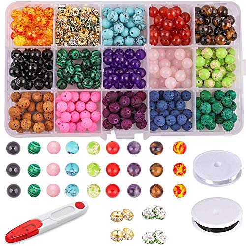 Fishdown 330 Pcs 8mm Beads Kit Chakra Beads Lava Beads Rock Stone Assortment Colored Volcanic Stone Loose Beads Zinc Alloy Spacer Beads for Bracelets Jewelry Makin