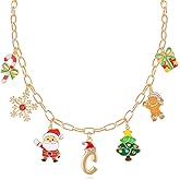 NEKOL Christmas Initial Letter-C Charm Necklace for Women, Candy Canes Snowflakes Santa Claus Christmas Tree Gingerbread Man Gift Box Colorful Holiday Charms Necklace for Personalized Christmas Gifts