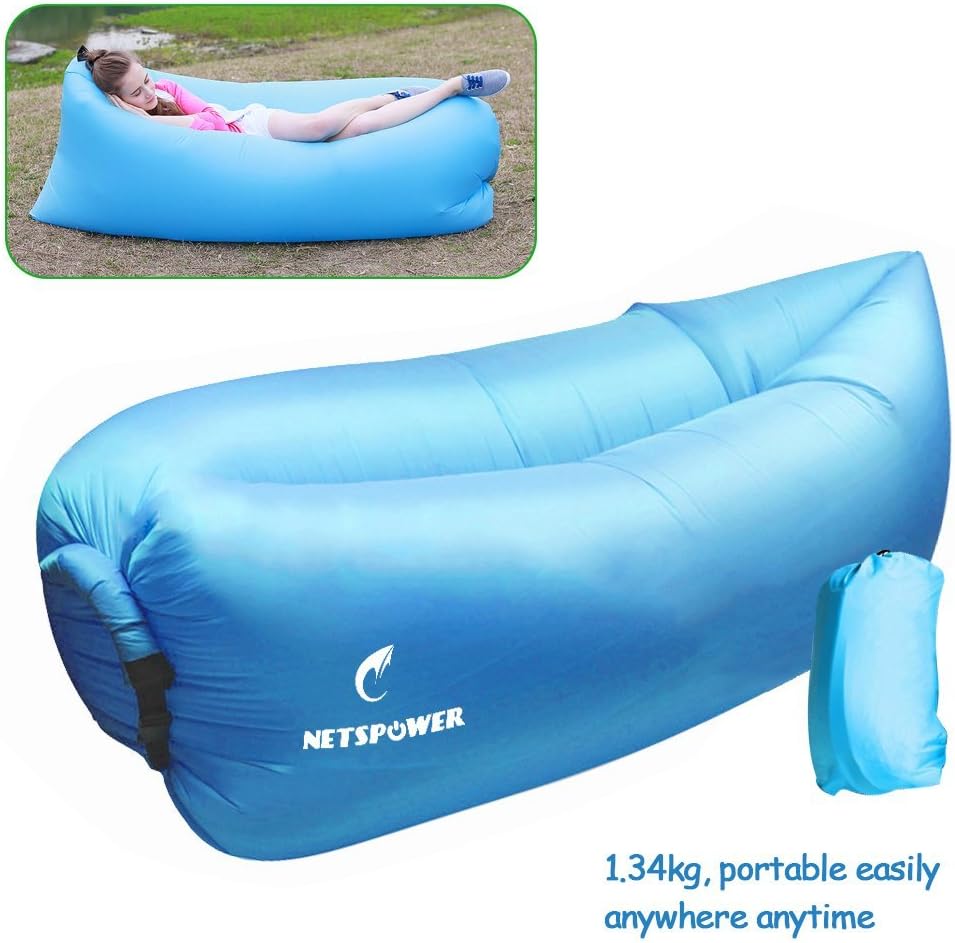 Beach Lounger,Fourling Tartan Nylon Fabric Inflatable Sleeping Bags Outdoor Indoor Convenient Inflatable Air Beds Compression Air Bag Hangout Bean Bag Portable Chair Air Mattresses Bedding (Blue)