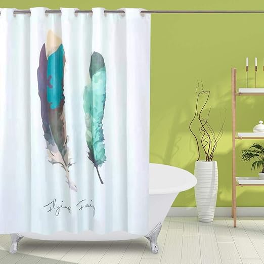 HUIEI Hookless Shower Curtain 72x72 Inches,No Snap in Liner Green Feather Waffle Weave