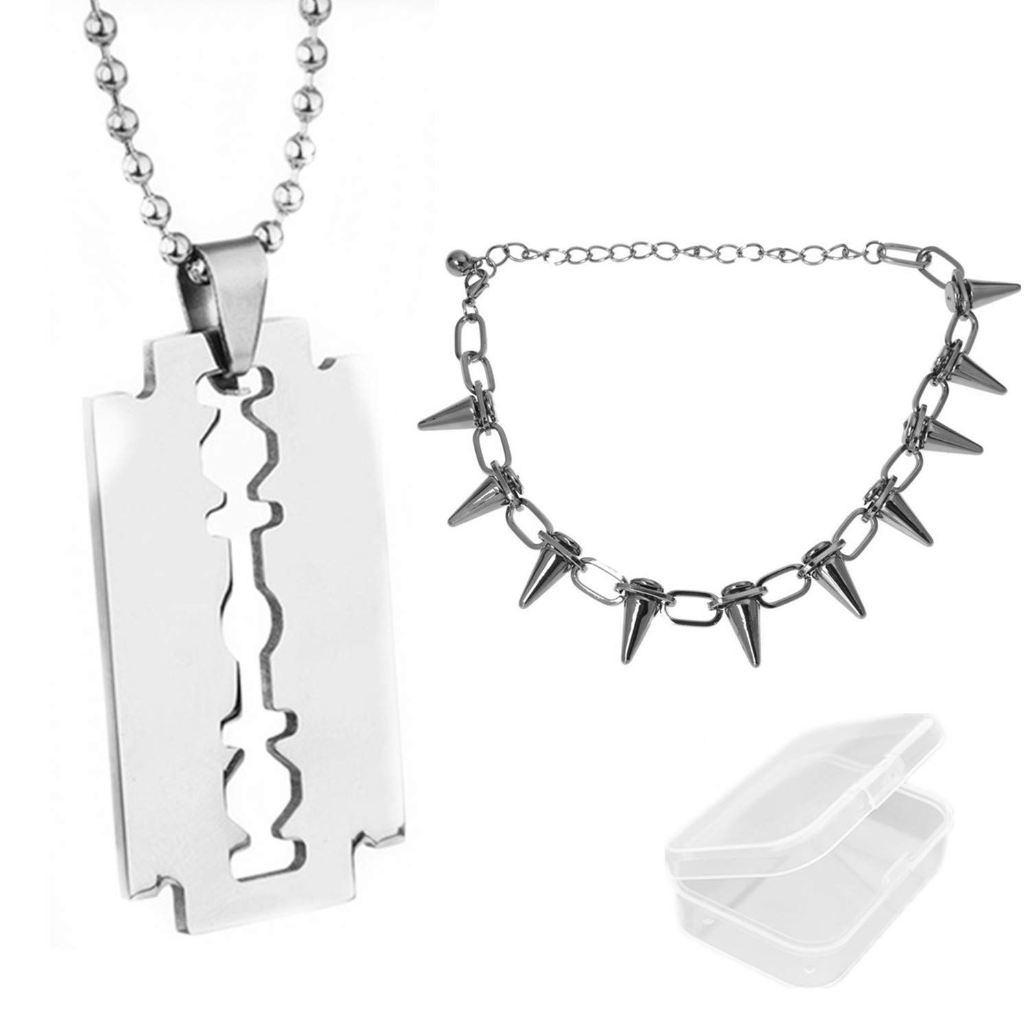 PPX 2 Pcs Punk Rock Stainless Steel Razor Blade Tag Pendant Wheat Chain Necklace and Bullet necklace,with Storage Box