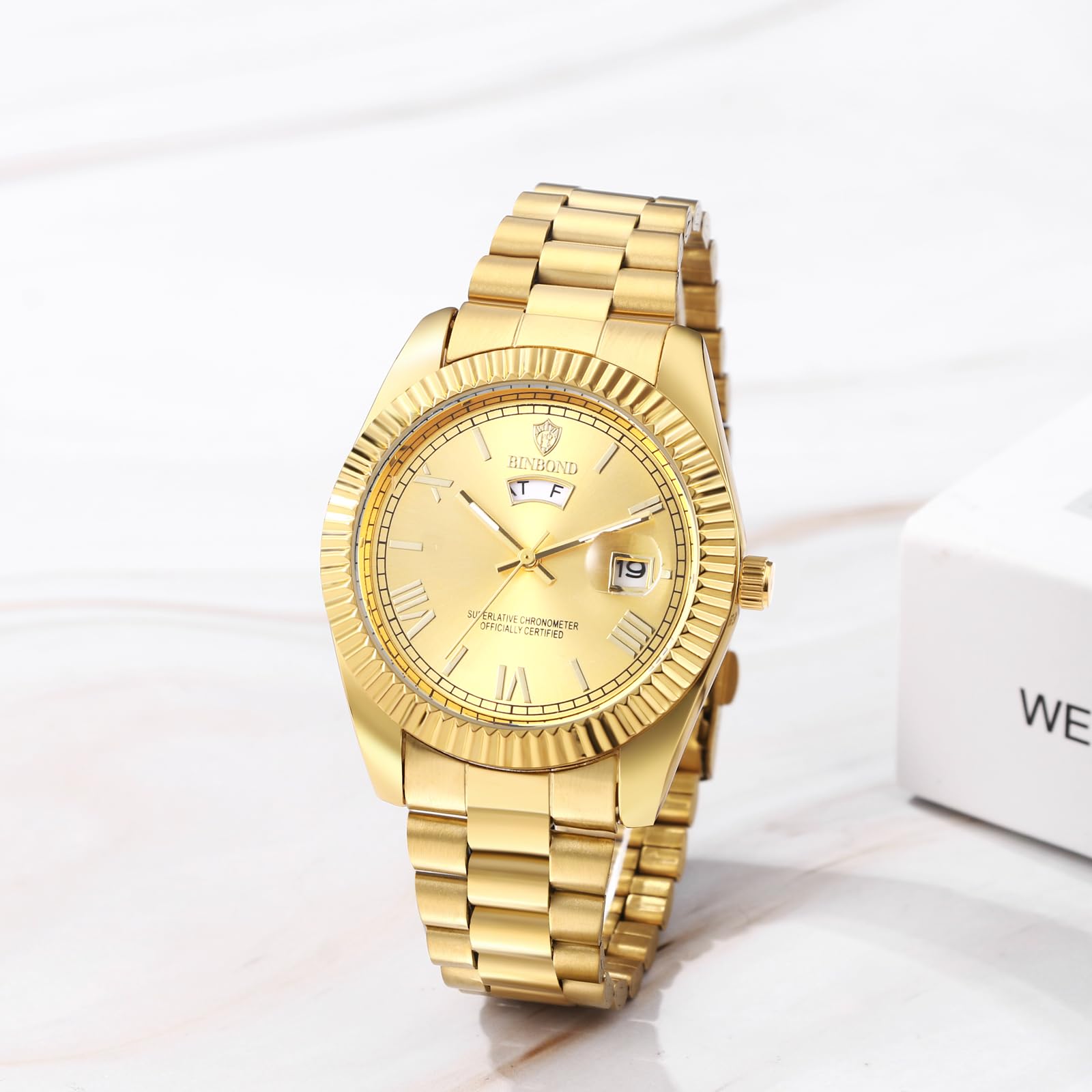 JewelryWe Men's Watch Stainless Steel Quartz Analogue Watch 30 m Waterproof Roman Numerals Dial Watch with Week Date Calendar and Luminous Hands Father's Day Gift