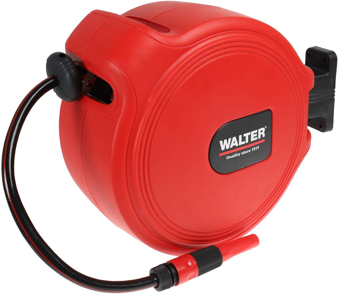 WALTER Hose Reel 20+2 m, automatic roll-up, incl. wall bracket and spray nozzle, 180 ° turning radius, garden hose reel for watering or cleaning