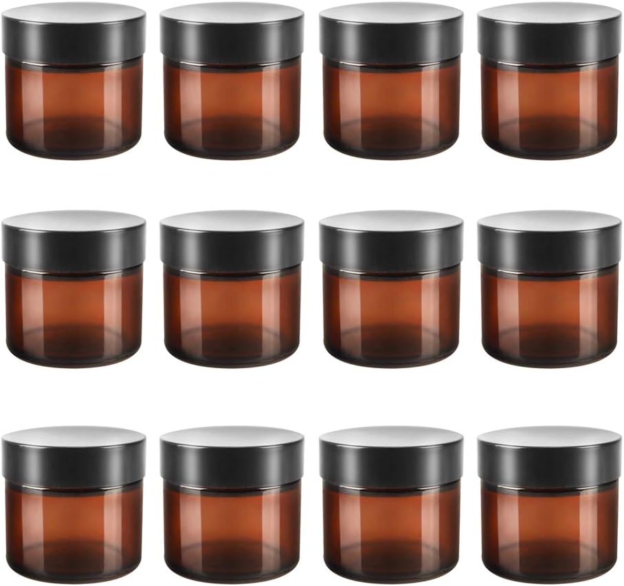 50g Amber Glass Cosmetics Jars with White Inner Liners and black Lids. Perfect Lotion Container for cosmetics and Face cream Lotion. Set of 12 Pack.