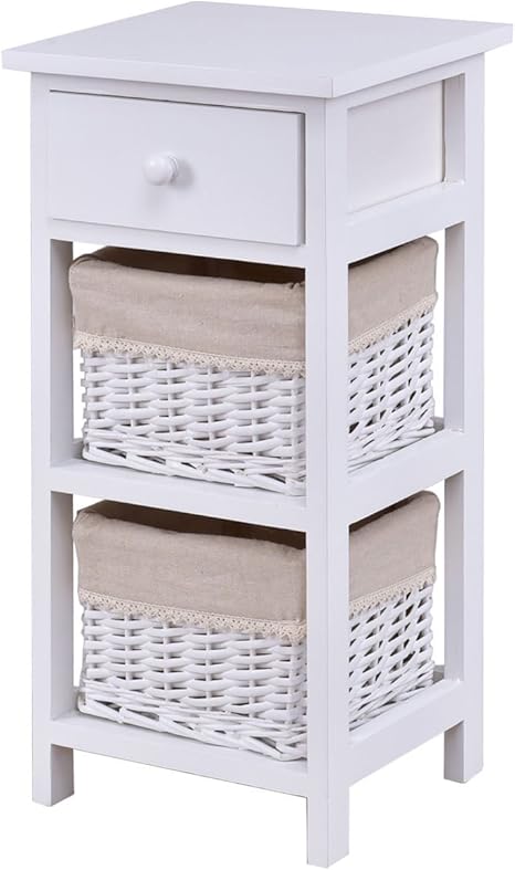 Amazon Com End Table Bedside Nightstand Chest Cabinet Bedroom Furniture With Drawer And Two Wicker Rattan Baskets White Kitchen Dining