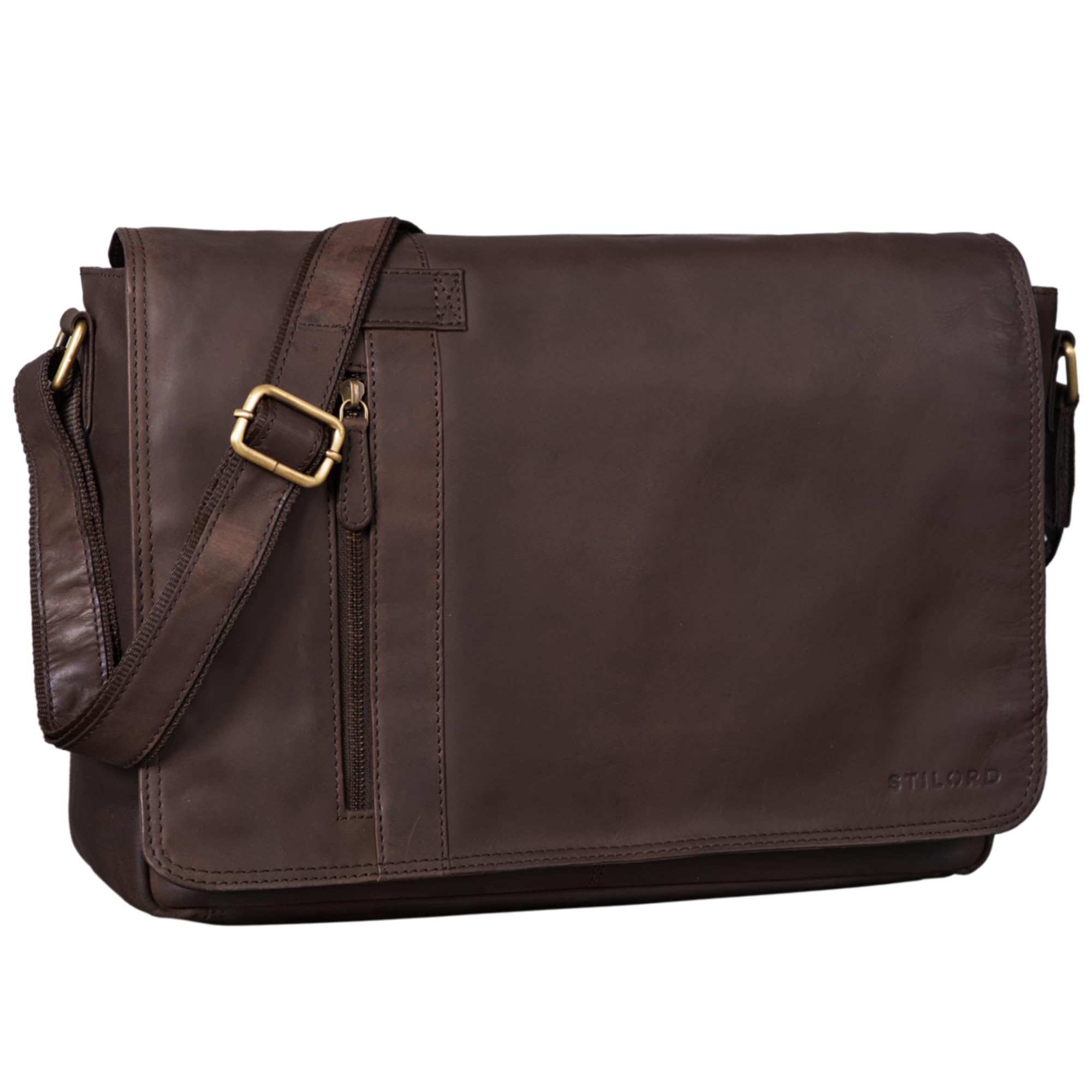 STILORD "Nicolas" Vintage Messenger Bag Laptop Bag Leather Large Shoulder Bag 15,6 Inches for Business Office College Genuine Leather Colour:Flat Dark Brown