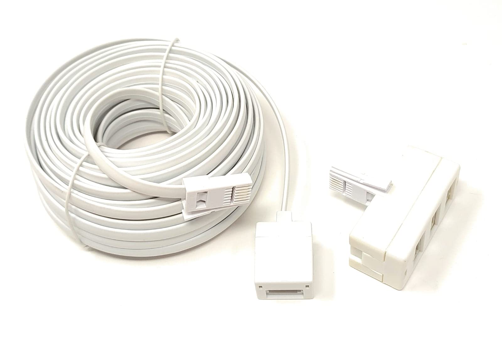 Maincore 20m 2in1 long White BT Telephone Extension Cable Lead & 3 Way BT Sockets Splitter Adapter (20m)