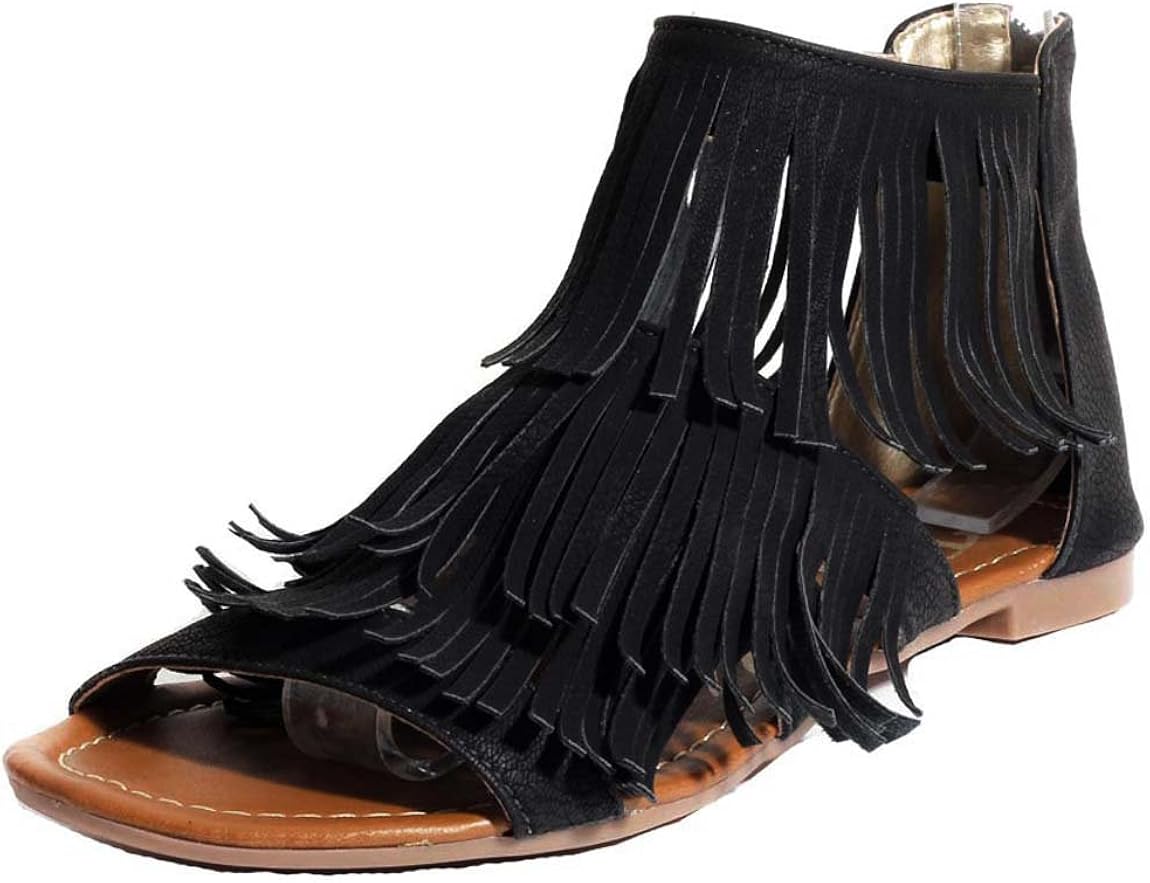 black fringe gladiator sandals