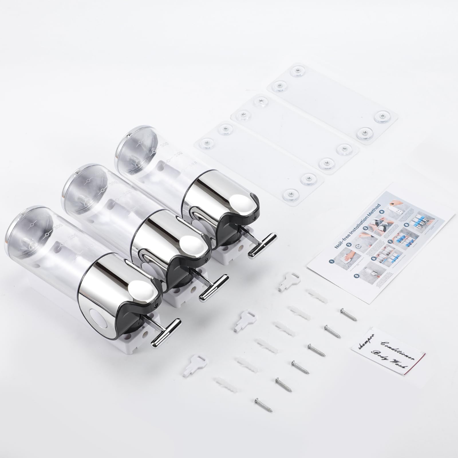 Shampoo and Conditioner Dispenser,Dispensers for The Shower,Shower Soap Dispenser 3 Chamber No Drill,Shampoo Conditioner Body Wash Dispenser Wall Mount for Bathroom(Triple x 17.6 oz,Clear)