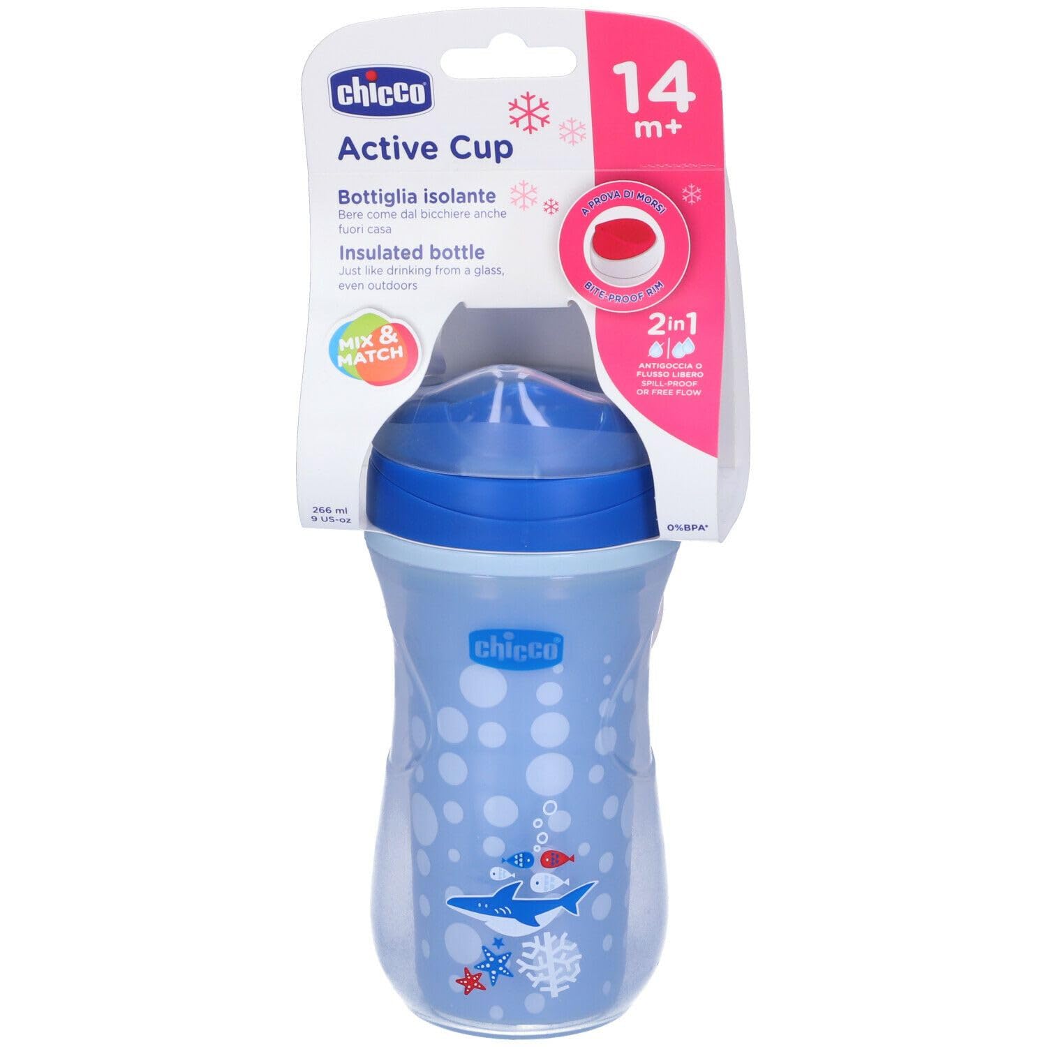 Chicco Active Drip-Free Trainer Cup for Children 266 ml, 1 Baby Bottle 14+ Months Drinking Cup, Insulated Thermos Flask with Ergonomic Spout and Easy Sips Valve, BPA-Free - Turquoise or Blue