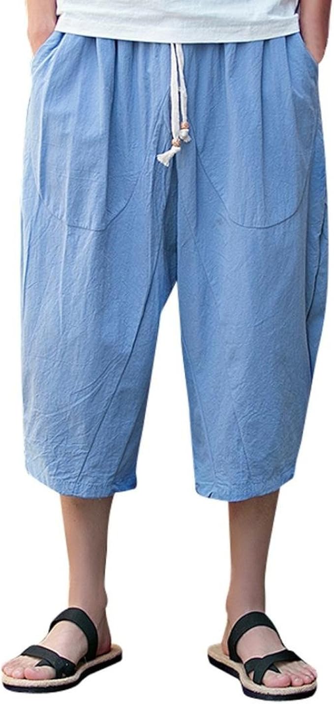 Mens Pants, Male Casual Loose Sports CalfLength Linen Capri Pants