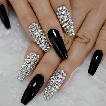 Amazon Com Luxury Faux Ongles Ab Crystal Fantasy Long Coffin False Nails Pre Designed Ladies Fingernails For Party 28 Pcs Set Beauty