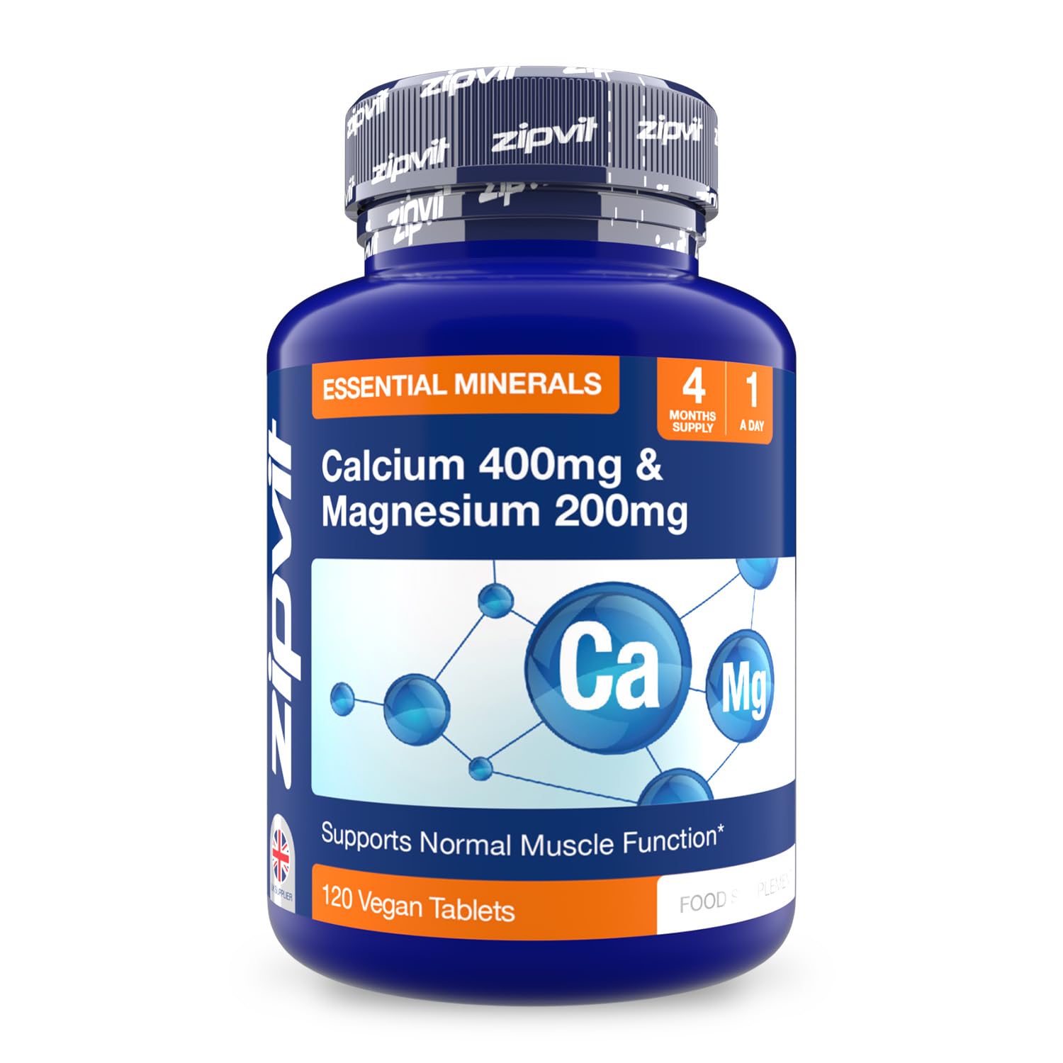 Zipvit Calcium 400mg and Magnesium 200mg, Supports Muscle & Bone Health, 120 Vegan Tablets, 4 Months Supply