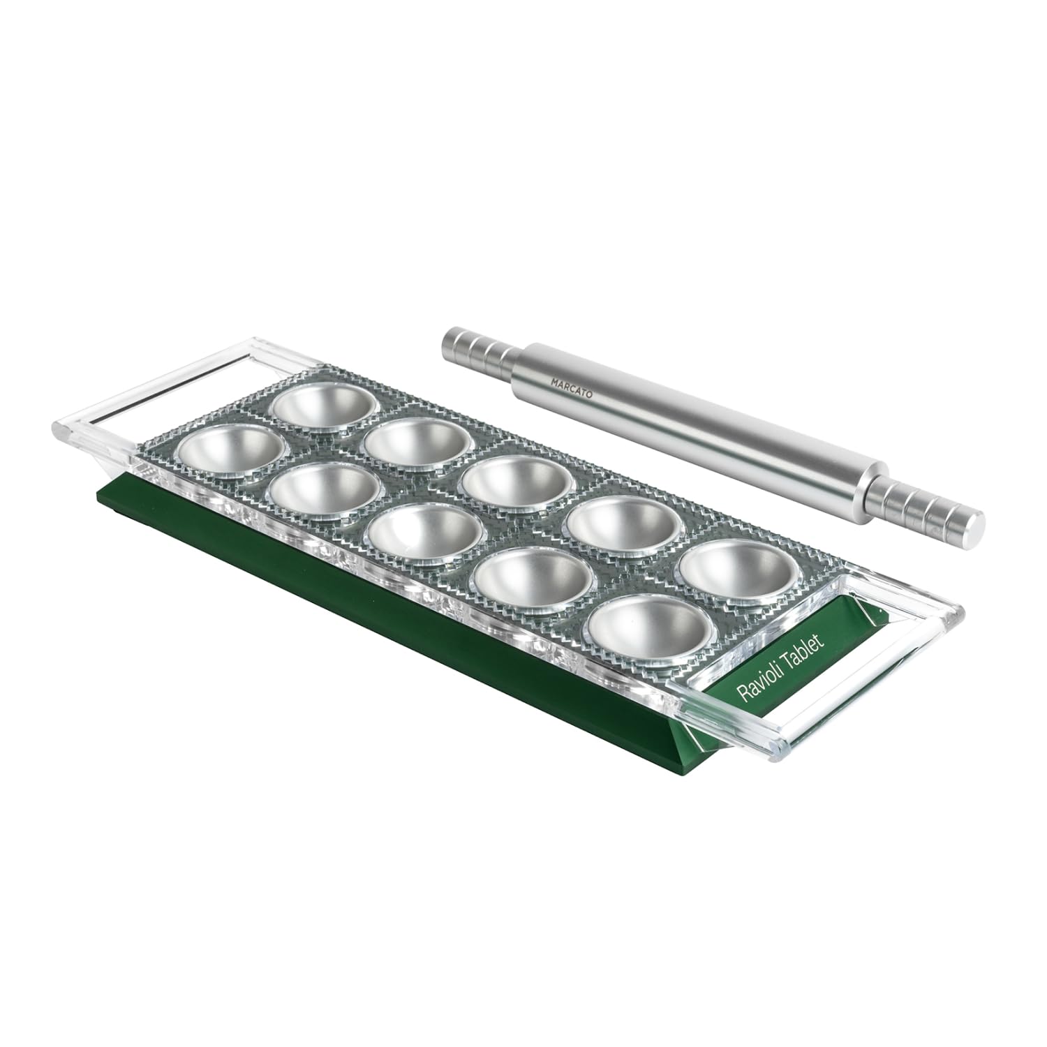 Marcato Ravioli Maker Press, Ravioli Machine, Homemade Ravioli Cutter, Square Cut 50mm, Aluminum Rolling Pin Included, Made in Italy. Model: Ravioli Tablet, Green