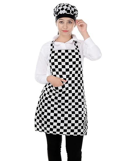 Switchon Checkered Waterproof Cotton Kitchen Apron with Cap