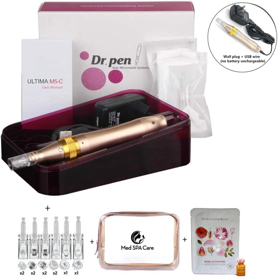 Med SPA Care Microneedling Pen Dermapen Tattoo Machine Derma Pen Micro needling Skincare Device Dr.Pen Permanent Makeup Pen - w/ 10 Replace Microneedle Cartridges (M5 Gold, Un-Rechargeable)