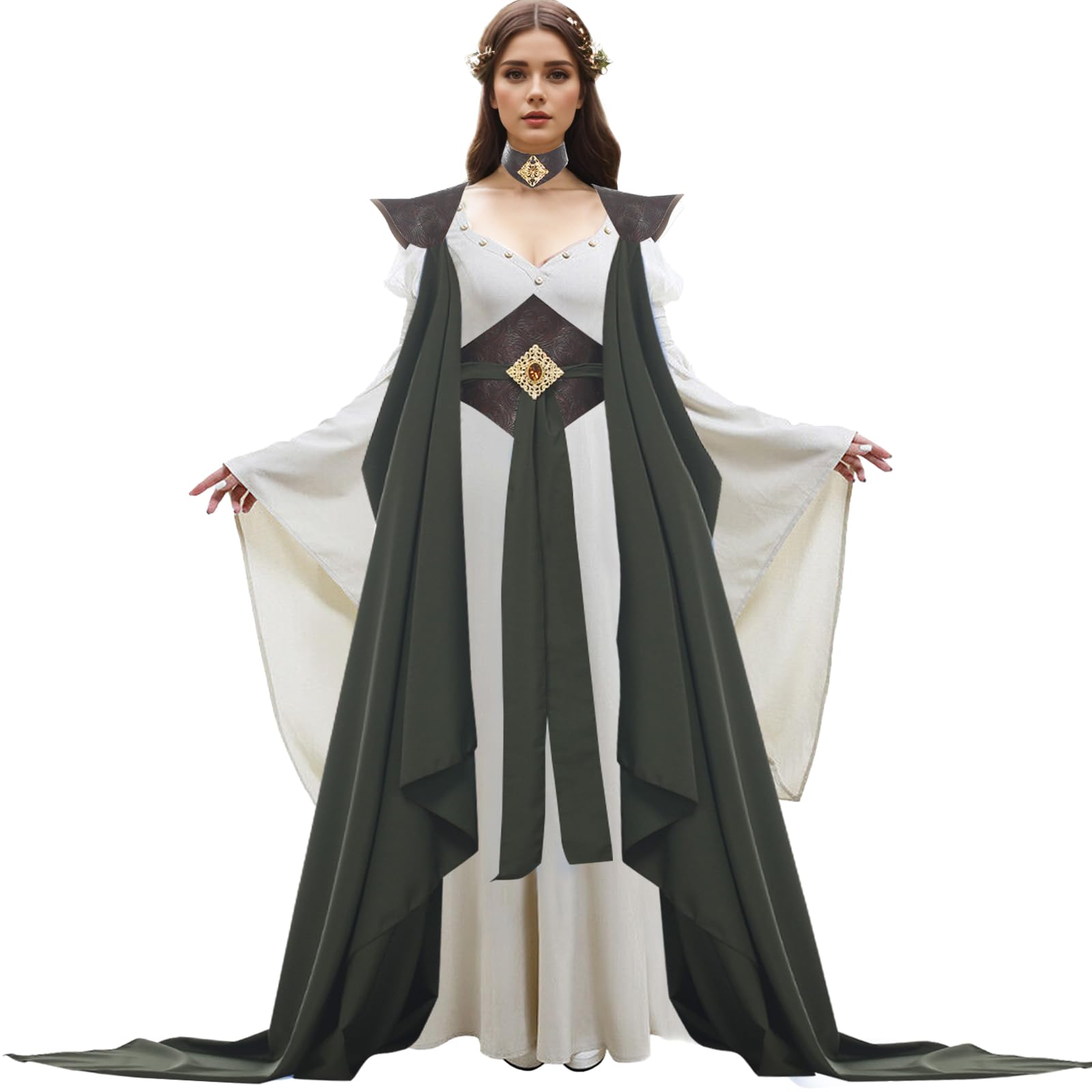 UniqKaliber Medieval Elven Cloak for Women Full Length Fairy Cape Off Shoulder Capelet Renaissance Cosplay Costume — image 1