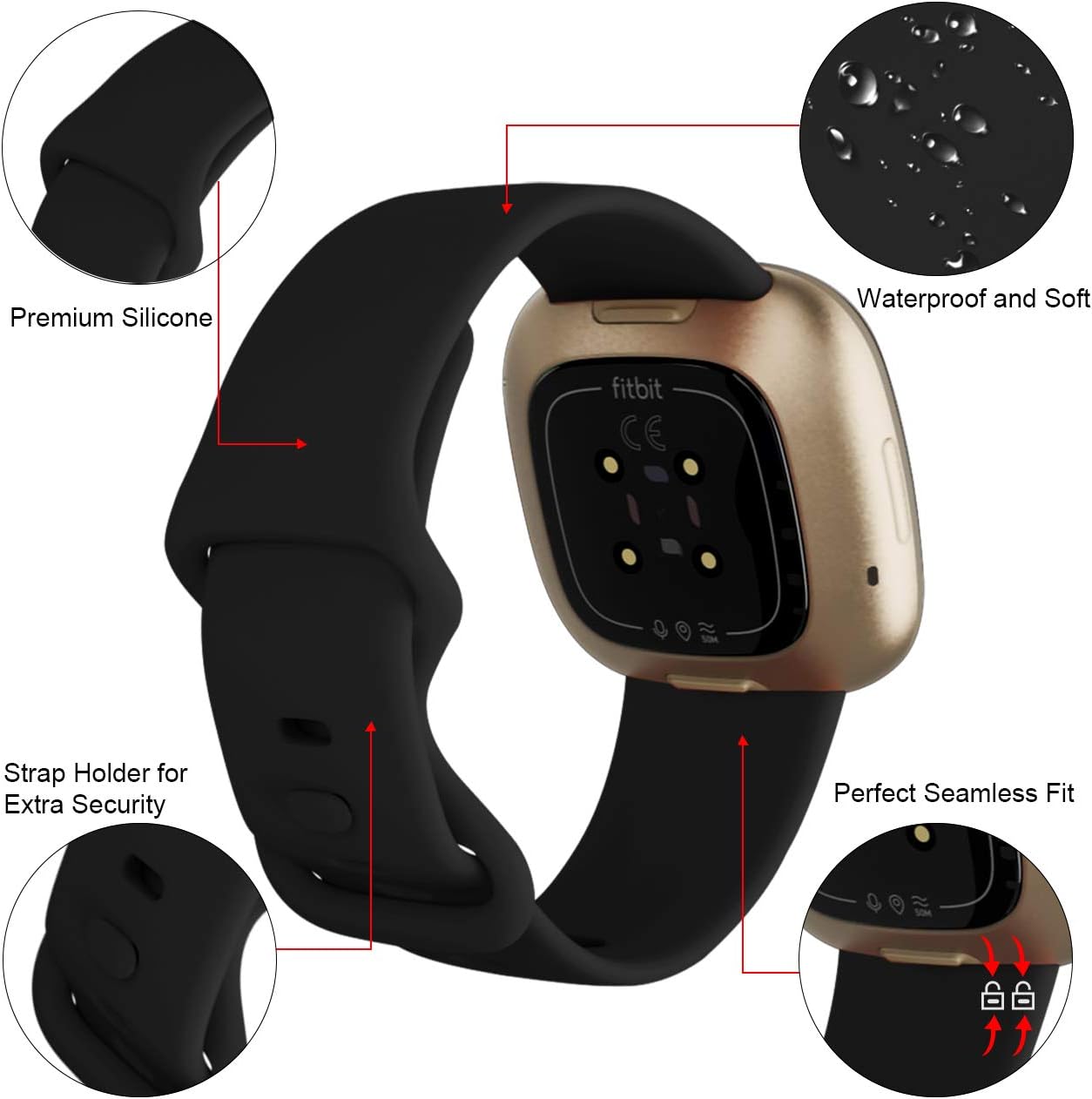 Oielai Compatible for Fitbit Versa 4/Versa 3/Sense, Sport Silicone Soft Replacement Straps for Women & Men, Small Black - Image 4
