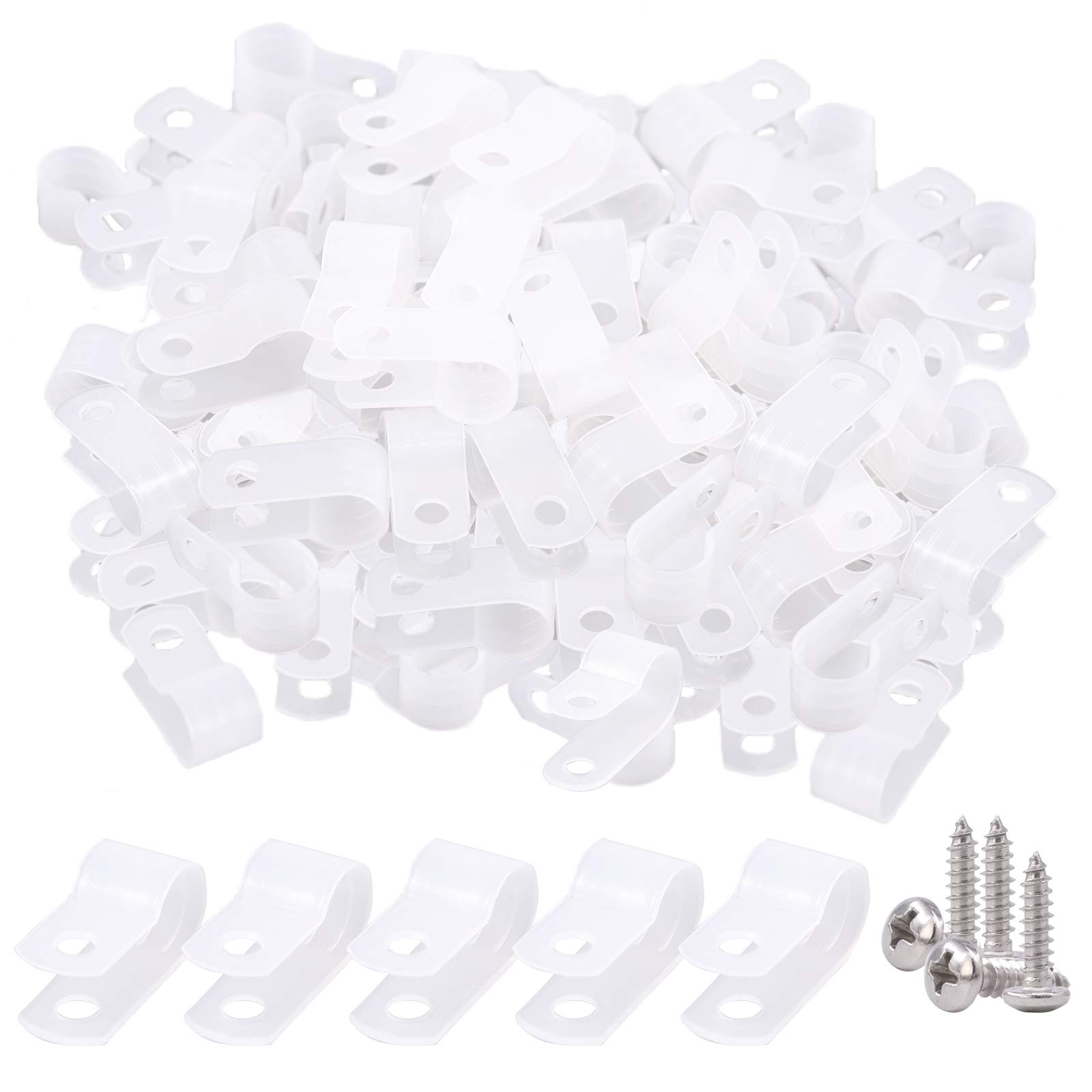 Glarks 120Pcs 5/16 Inch White Nylon Screw Mounting R-Type Cable Clip Wire Clamp with 120Pcs Screws for Wire, Cable, Conduit and Cable Conduit Kit （White）