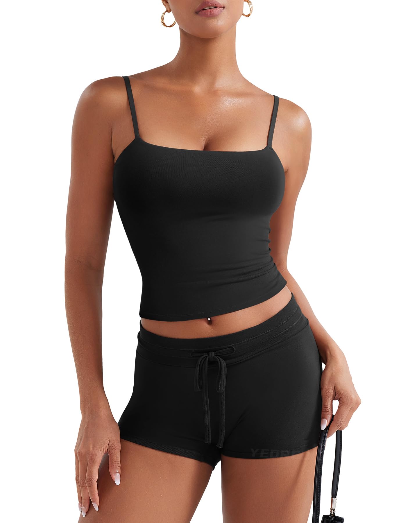 View 1 of ***PANTS ONLY***
YEOREO Womens 2 Piece Lounge Sets Tank Tops Cami Shorts Matching Sets Summer Outfits Elastic Waist Built-in Bra Black M
