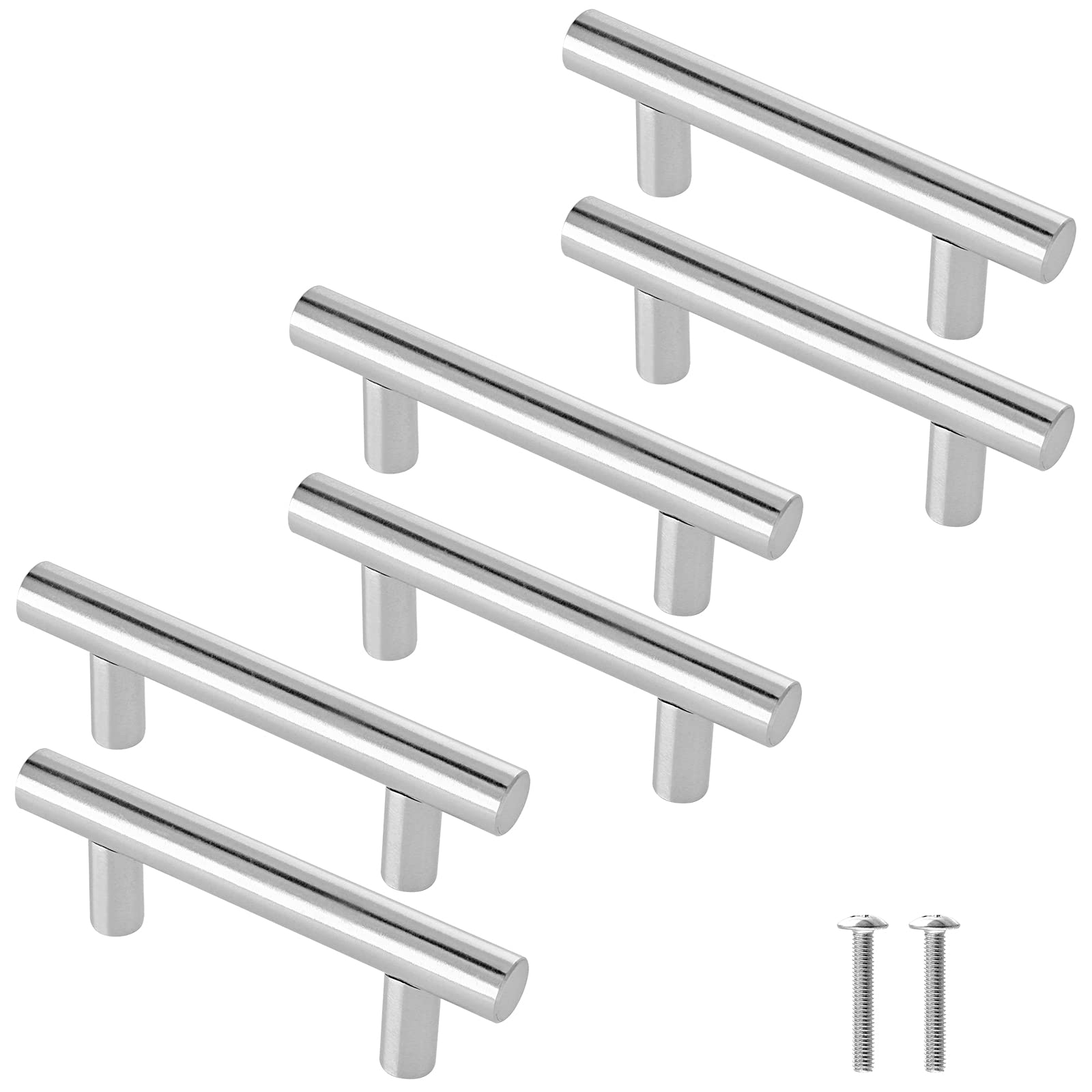 Cjueiom 6 Pack Brushed Nickel Cabinet Handles 64mm Hole Centers, 100mm Length Stainless Steel T-Bar Pulls for Drawers, Wardrobe, Kitchen Cabinets & Bedroom Furniture