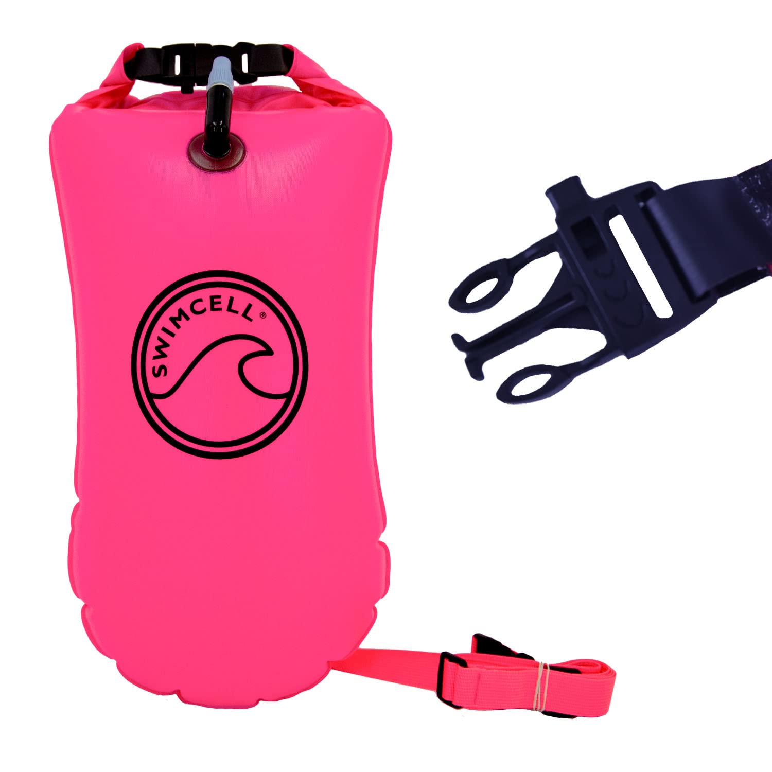 SwimCell Tow Float For Open Water Swimming For Adults. 16L Swim Buoy With Dry Bag For Cold Water Sea And Lake Swimming. Includes Attached Waist Strap and Built In Emergency Marine Whistle. Pink