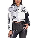 jeecoin Women's Varsity Jacket Cropped Colorblock Letter Print Baseball Bomber Jackets Vintage Streetwear Fashion Coats