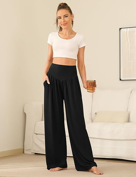 UEU WOMEN’S PALAZZO PANTS LOUNGE YOGA HIGH WAISTED WIDE LEG PANTS WITH POCKETS, ARMY GREEN, LARGE