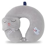 MissSoul Kids Neck Pillow for Travel with Sleep Eye Mask, Cute Travel Neck Pillow, Memory Foam Flight Sleeping Headrest Pillow for Boys & Girls, Airplane, Train, Car, Home Use - Little Shark