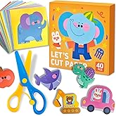 Flamax Scissor Skills Activity Book Craft Scissors Set Includes Safety Scissor & 40 Colored Cardstock Paper Templates, Safety Scissors for Kids Ages 2-4, Colored Cardstock Paper