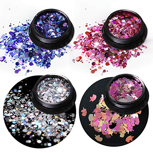 Chunky Glitter, Luckyfine Unicorn Chunky Glitter Makeup Chunky Glitter Sequins, for Nails Face Eyeshadow Lips Hair Body, Included Glue and Brush -12 Jars